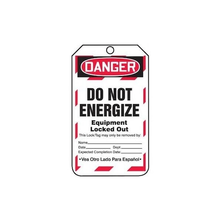 Accuform Safety Tags, DANGER DO NOT ENERGIZE EQUIPMENT LOCKED OUT Bilingual Spanish, 5.75in x 3.25in, 25PK TSP183PTP